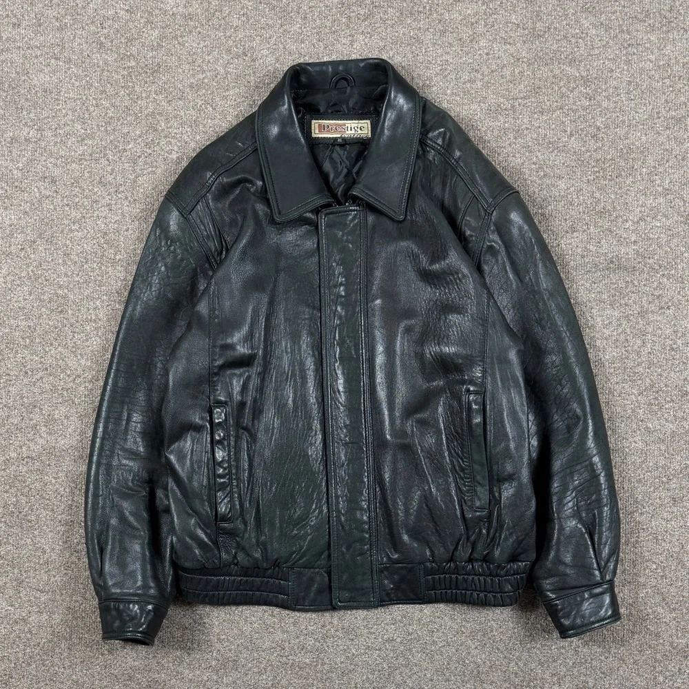 Vintage 90s‎ Prestige Black Soft Genuine Leather Full Zip Bomber Jacket Men’s XL